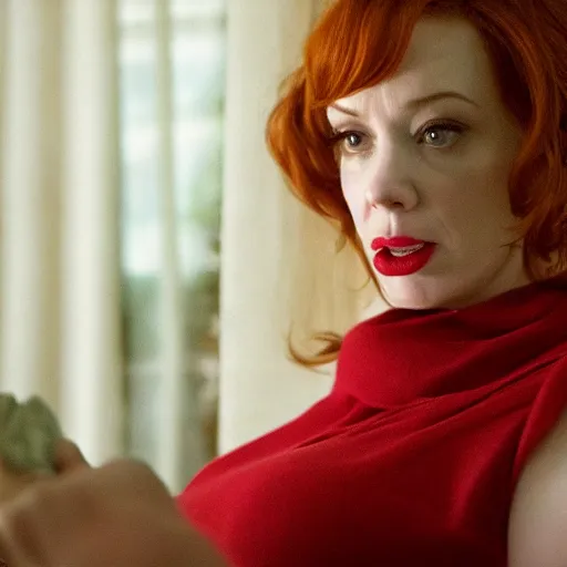 Image similar to amazing beautiful Christina Hendricks with mouth wide open in the living room, film still from the movie directed by Denis Villeneuve , wide lens