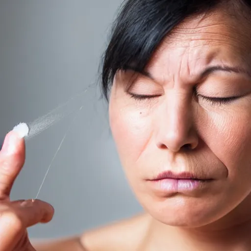 Image similar to 1 3 mm close up photo of a woman wiping away her tears with sandpaper, sharp focus