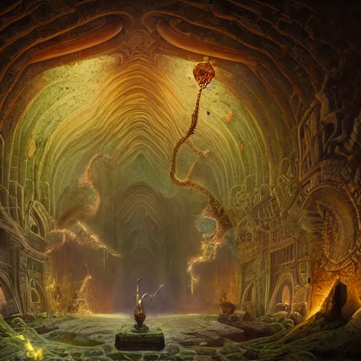 Prompt: a beautiful highly - detailed matte painting of the inside of a tall ancient emerald encrusted catacombs by peter mohrbacher and alex grey and james jean and lee madgwick and gregory crewdson, richly decorated emerald encrusted walls, lit by torches, highly - detailed interior, featured on artstation and conceptartworld, ultrawide angle