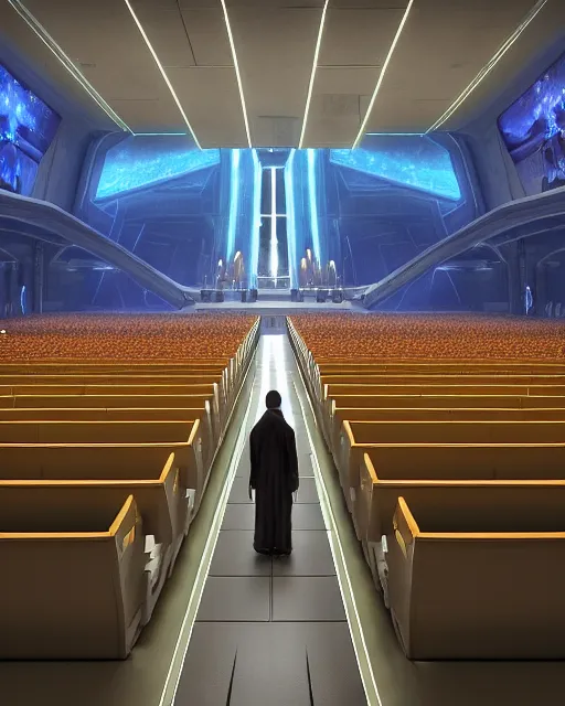 Image similar to scifi movie scene digital matte painting of a crowd in a futuristic church by craig mullins and ghibli, strong contrast, priest, pews, ethereal, inviting, bright, raking light, unreal engine 5, hyper realism, realistic shading, cinematic composition, blender render, octane render, hdr, detailed textures, photorealistic, wide shot