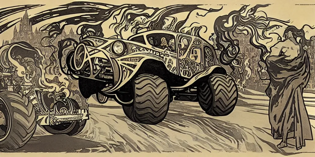 Image similar to monster truck rally, Alphonse Mucha