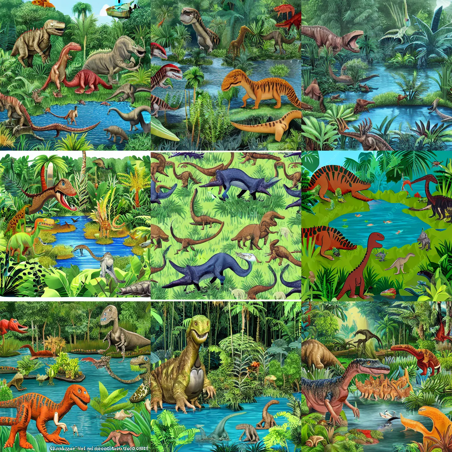 Prompt: jurassic jungle pond with many dinosaurs gathered