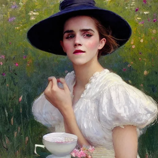 Prompt: thick paint brush strokes full body fashion model smiling squinting emma watson by Jeremy Lipking by Hasui Kawase by Richard Schmid (((smokey eyes makeup eye shadow fantasy, glow, shimmer as victorian woman in a long white frilly lace dress and a large white hat having tea in a sunroom filled with flowers, roses and lush fern flowers ,intricate, night, highly detailed, dramatic lighting))) , high quality