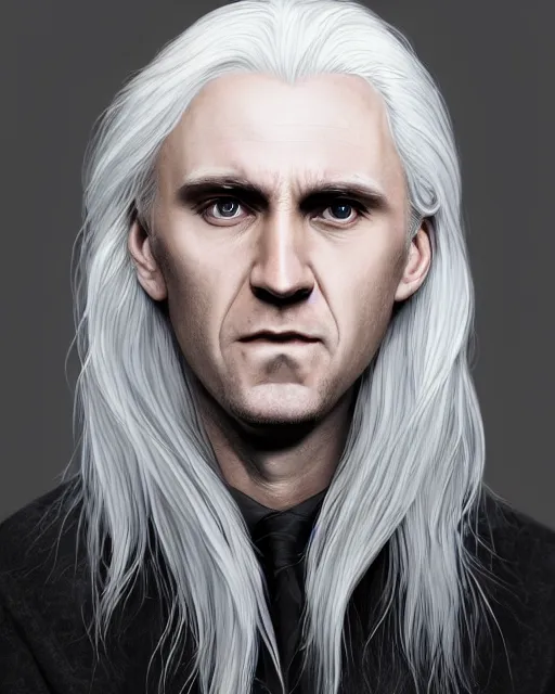 Image similar to portrait of 4 0 - year - old man with long white hair with a pale complexion, malfoy lucius, clear face, pointed face and grey eyes, hyper realistic face, beautiful eyes, character art, art by mark brooks, hyperdetailed, cryengine, trending on artstation, digital art