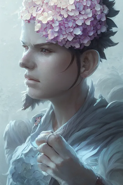 Prompt: hydrangea flower, d & d, fantasy, portrait, highly detailed, headshot, digital painting, trending on artstation, concept art, sharp focus, illustration, art by artgerm and greg rutkowski and magali villeneuve