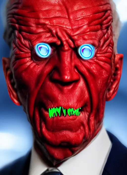 Image similar to hyper realistic ultra realistic mutant photo Doom furious glowing red eyes biden, high quality photo, detailed , 8k, silly