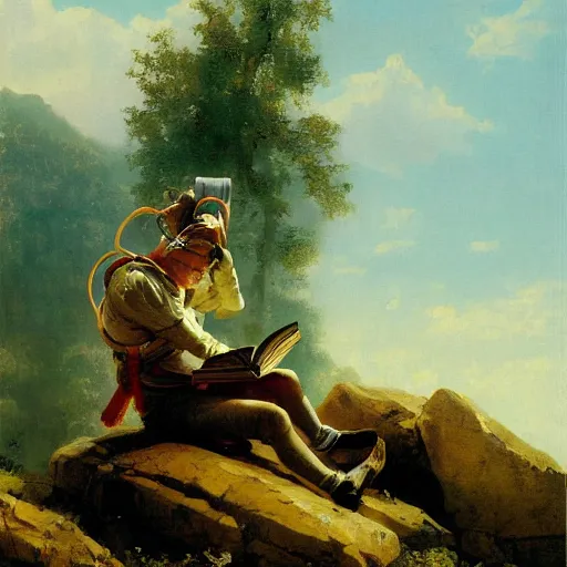 Prompt: a gorgeous Carl Spitzweg painting of a robot standing on a rocky hill reading a book, artstation