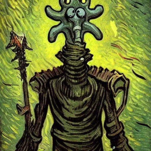 Prompt: squidward as a dark souls boss by Vincent van Gogh