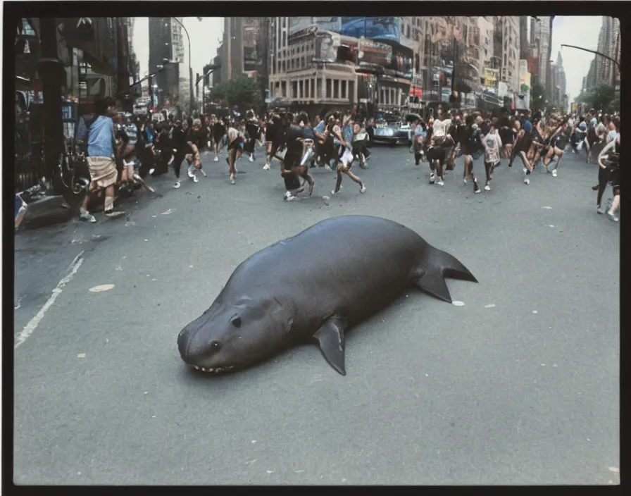 Prompt: a single huge shark with the legs of a hippo charging towards us down a new york city street, panic, people running, rioting, colour polaroid photo, 1980s