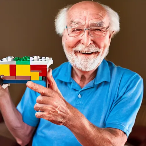 Image similar to an old man holding up a lego figure to the camera