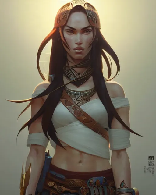 Image similar to azctec warrior, megan fox, detailed perfect face, exquisite details, fire magic, mid view, design on a white background, by studio muti, greg rutkowski makoto shinkai takashi takeuchi studio ghibli