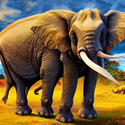 Prompt: hybrid animal cross between triceratops and elephant with colorful prehistoric landscape background detailed oil painting 4k