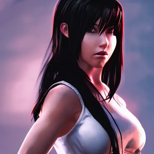 Image similar to A comic book style portrait painting of a Tifa Lockheart in a winter landscape, unreal 5, DAZ, hyperrealistic, octane render, RPG portrait, ambient light, dynamic lighting