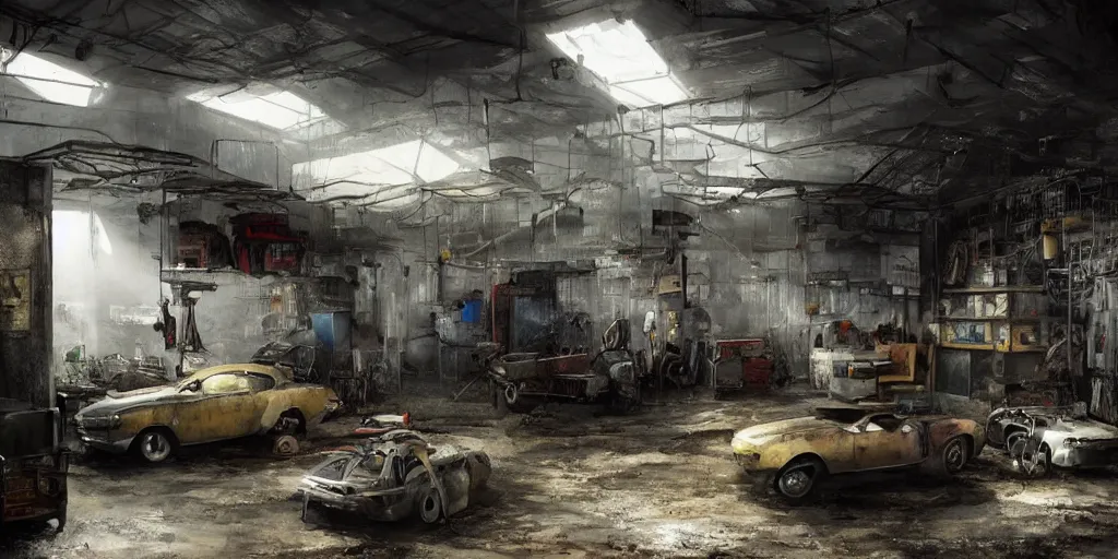 Image similar to mechanic garage interior inside an African favela, broken light from small hole in ceiling, high contrast, metal sheets with chipped paint for walling, shelves, spare parts, van under construction, wide angle lens, movie shot, trending on Artstation, highly detailed, moody atmospheric, hazy, style of Craig Mullins,