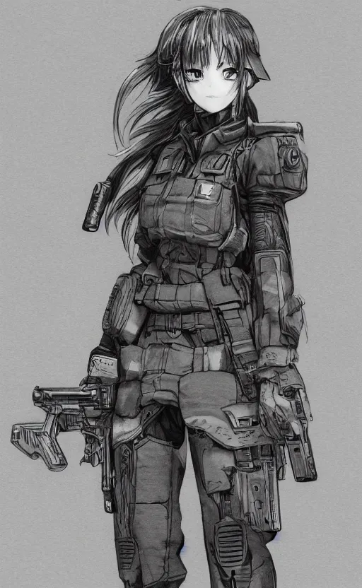 Image similar to highly detailed, high resolution, character design art, stunning, volumetric lightning, realistic guns, girls frontline style, matte, sharp focus, intricate, 150mm, illustration, artstation, by yoshihiro togashi, realistic human anatomy, simple design, realistic military gear, metal gear style