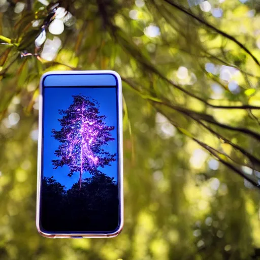Image similar to A phone glowing and floating in a tree, 35mm photograph