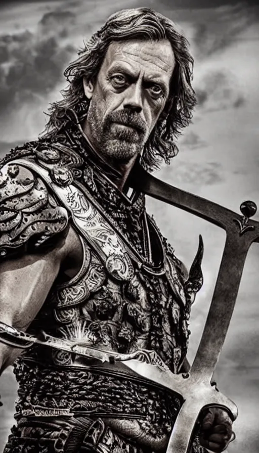 Image similar to hugh laurie as the warrior king, masculine, sweaty, intricate, dressed as a king ready for battle holding his great sword, various camera angles, heartthrob, hero, intricate, symmetrical features, full body, highly - detailed,