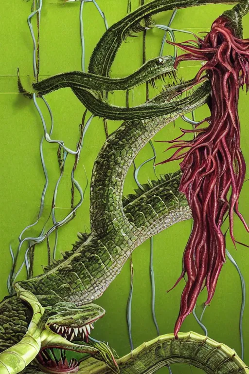 Image similar to a carnivorous plant with a long vine and the head of a alligator, vicious snapping alligator plant, side view of a plant showing roots stem and bud, plant photograph showing roots underground