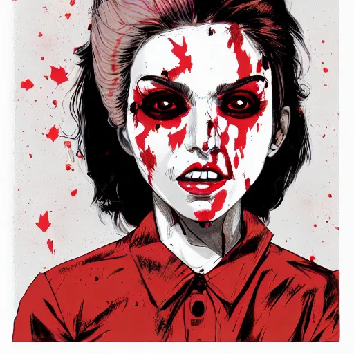 Image similar to Highly detailed portrait of a latino punk zombie young lady by Atey Ghailan, by Loish, by Bryan Lee O'Malley, by Cliff Chiang, inspired by iZombie, inspired by graphic novel cover art !!!red, brown, black and white color scheme ((dark blue moody background))