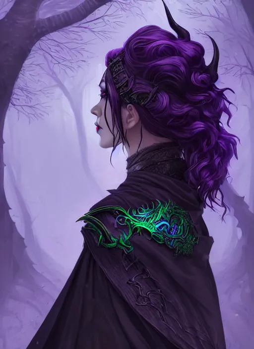 Image similar to side portrait dark witch, adventurer outfit large cloak, fantasy forest landscape, dragon scales, fantasy magic, undercut hairstyle, short purple black fade hair!!!!!!, dark light night, intricate, elegant, sharp focus, illustration, highly detailed!!!!!!!, digital painting, concept art, green neon smoke, matte painting, art by WLOP and Artgerm and Greg Rutkowski and Alphonse Mucha, masterpiece