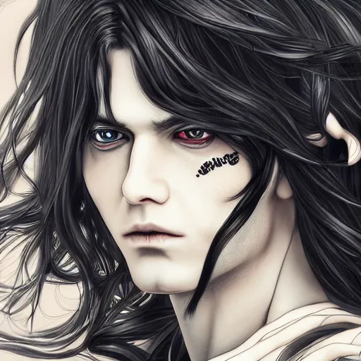 Prompt: the portrait beautiful effeminate man long black hair pale cover with white snakes, hyperrealistic anime illustration by kim jung gi, iralki nadar, extremely detailed intricate linework, reflective eyes, smooth, super sharp focus, bright colors, high contrast, matte, octopath traveler, unreal engine 5 highly rendered, global illumination, radiant light, 8 k