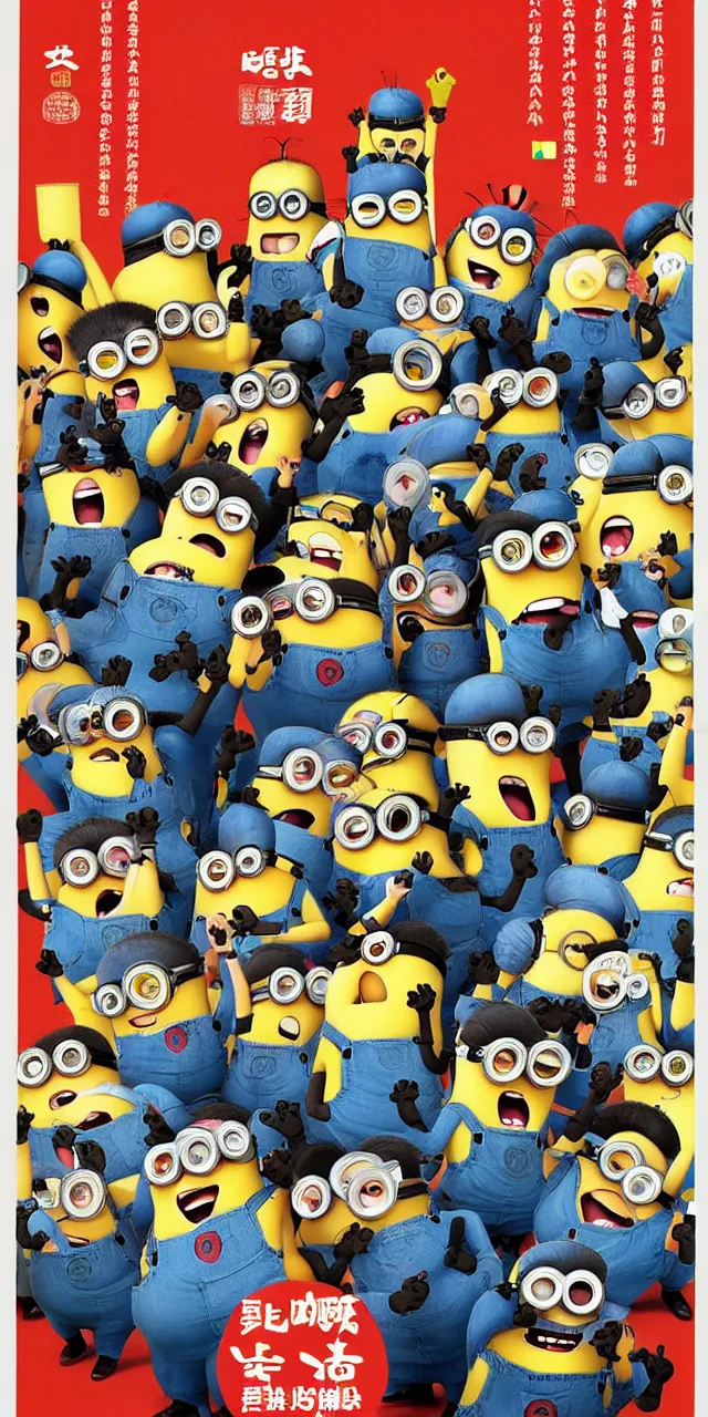 Prompt: chinese propaganda poster with minions