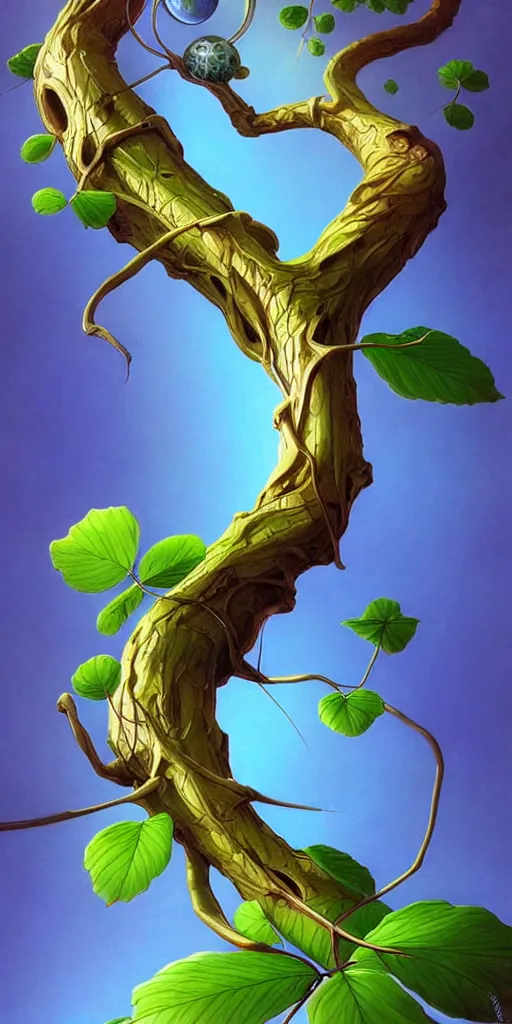 Image similar to a thin tree with an extremely long trunk, spherical foliage, low angle, ant perspective, fantasy digital painting by artgerm and leyendecker, surreal, photorealistic