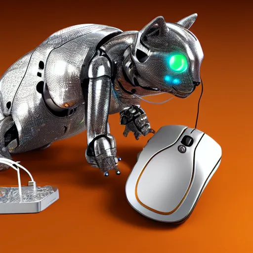 Image similar to a metallic robotic cyborg cat eating a computer mouse, cyberpunk, digital art, 8 k, trending on artstation