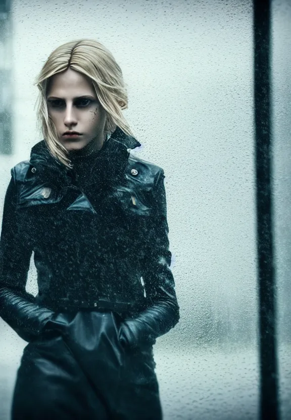 Image similar to cute model annie leonhart posing in dunwall city, beautiful face, detailed face, realistic eyes, cinematic lighting, rainy weather, melancholy atmosphere, volumetric light, gothic architecture, realistic reflections, model agency, instagram photo, depression atmosphere, shot on sony a 7, beauty filter, postprocessing