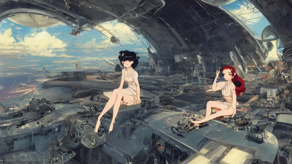 Image similar to a film still of a 1 9 5 0's mechanic anime girl sitting on top of flying ufo landing in hangar of giant ufo spaceship, finely detailed features, full body mid shot, perfect art,, trending on pixiv fanbox, painted by gaston bussiere, makoto shinkai, akihiko yoshida, gaston bussiere, craig mullins, studio ghibli