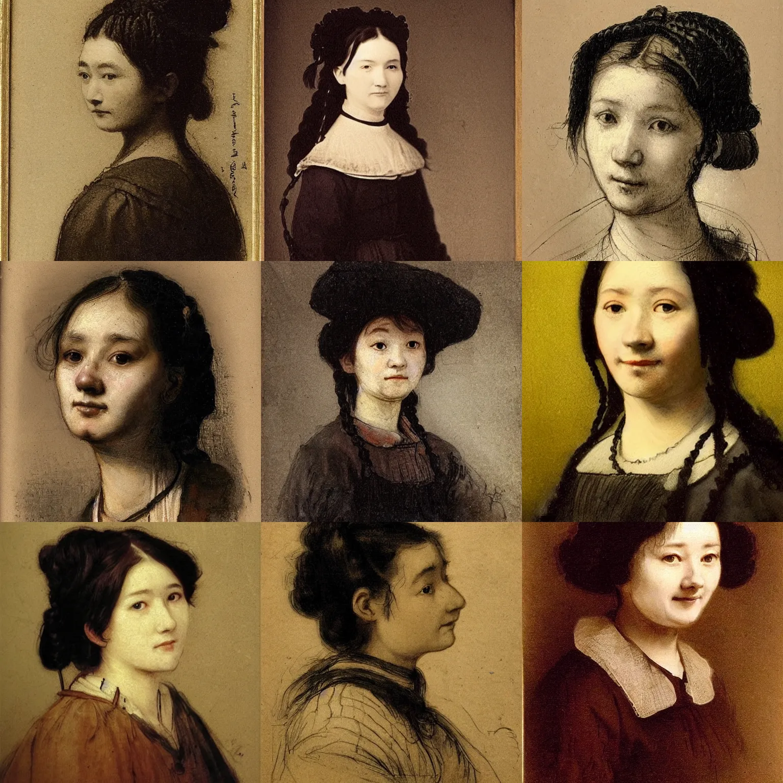 Prompt: a side's profilecontent of a sadly smiling black haired, young hungarian village maid from the 19th century who looks very similar to Lee Young Ae with a hair braid, detailed, sketch by Rembrandt, Csók István and da Vinci