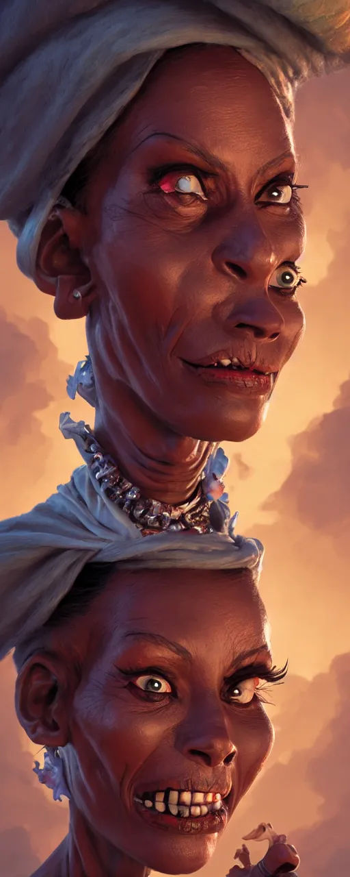 Prompt: A Concept art foreshortening portrait of the Voodoo Lady from Monkey Island videogame, cinematic lighting, highly detailed, realistic details, rendered in Octane, cgsociety, 4k post-processing highly detailed, realistic face, trending on artstation, by craig mullins. Steve Purcell.