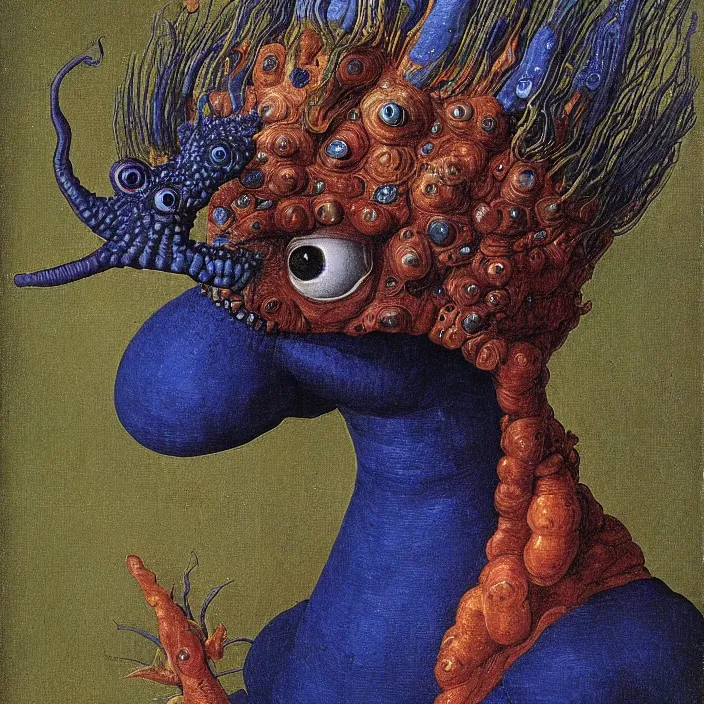 Image similar to close up portrait of a mutant monster creature with face in the shape of a colorful exotic dark blue carnivorous plant, snail - like protruding eyes. by jan van eyck, audubon