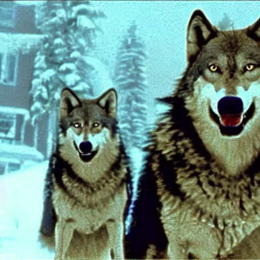 Prompt: pack of hungry wolves in home alone movie