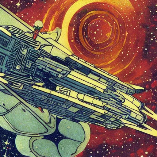 Image similar to spaceship battle, starry sky detailed ivan bilibin and edmund dulac and ilya kuvshinov and katsuhiro otomo