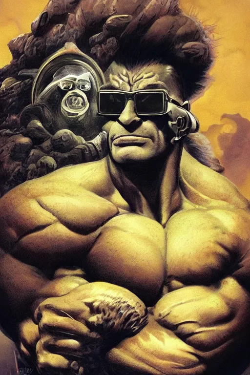 Prompt: anthropomorphic badass muscular highly textured lemon character wearing cool sunglasses flying through space, by Frank Frazetta, trending on artstation, highly detailed
