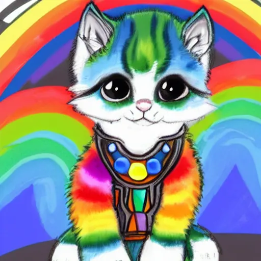 Image similar to wide angle full body, of a fluffy cute rainbow kitten wearing a black motorcycle jacket, concept art