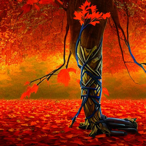 Image similar to warrior, wearing stone wood vines led diode armor, sitting in lotus position by tall tree with red and orange autumn leaves, meditation, highly detailed, dramatic lighting, night time, cinematic, sci - fi, hyperrealistic, detailed