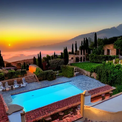 Image similar to big italian villa on top of hill sunset