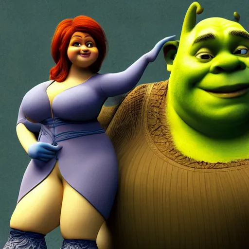 Image similar to big curvy woman sitting in shrek's arms, super realistic, super detailed, high octane, photorealistic, rendering 8 k, 8 k octane, unreal engine,