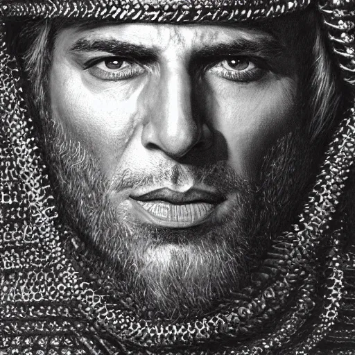 Prompt: portrait of bachir gemayel as king of lebanon, wearing chain mail, intricate face, strong jaw, elegant and proud, highly detailed, centerede, very realistic, smooth, sharp focus, detailed face, art by donato giancola, artgerm and brian froud, digital illustration