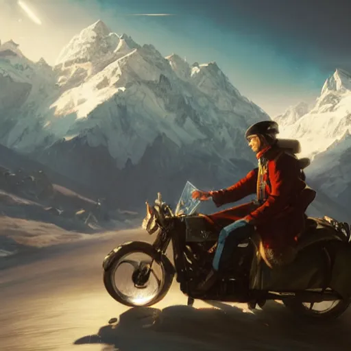 Image similar to Napoleon Crossing the Alps with a motorcycle, atmospheric lighting, neon lights, by Makoto Shinkai and Ruan Jia