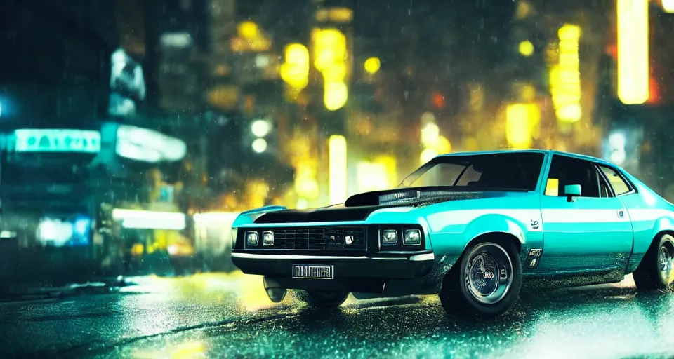 Image similar to close up macro shot of a 1 9 7 3 ford xb falcon gt car on wet city street at night, intricate, hyper detailed, smooth, high contrast, neon, volumetric lighting, octane, moebius, greg rutkowski, blade runner, ripley scott, cindmatic