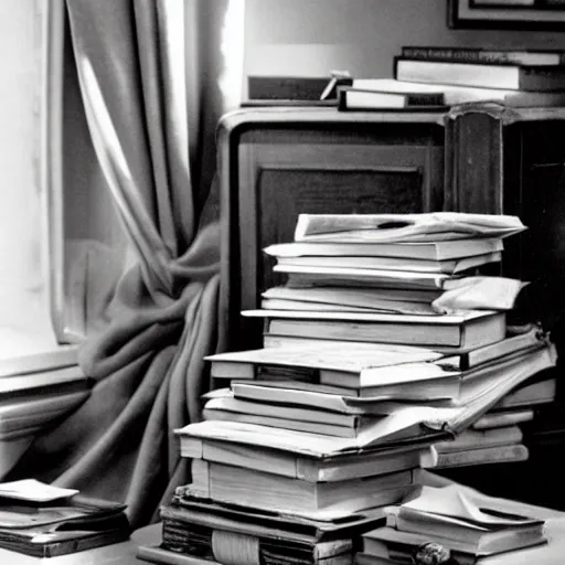 Image similar to a pile of books on a bedside table, citizen kane ( 1 9 4 1 )