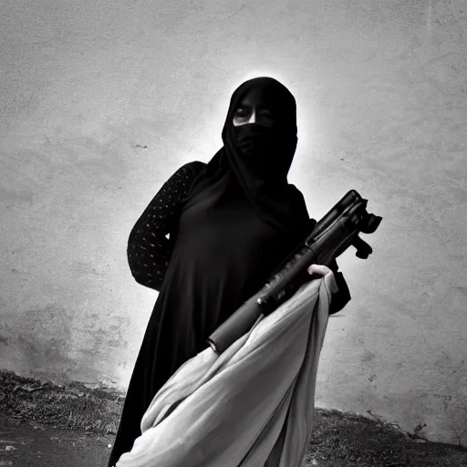 Prompt: 8 k uhd black and white from tatted burqa woman carrying a riffle's, uhd details, photorealistic, national geography winning photo contest