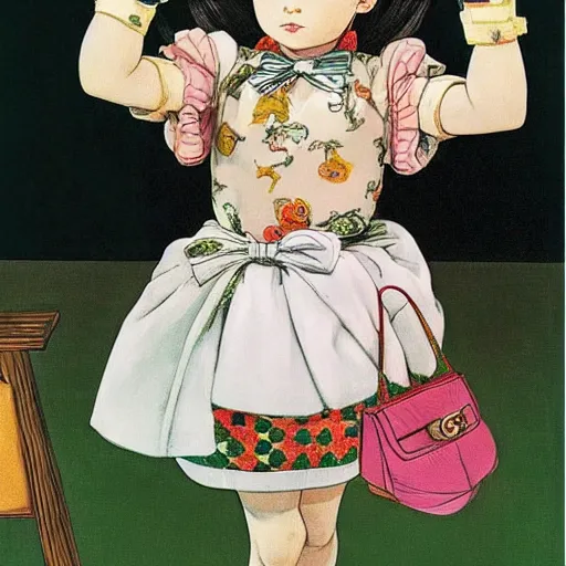 Image similar to little girl wearing an gucci's outfit. art by hirohiko araki, inspired by balthus, highly detailed, realistic,