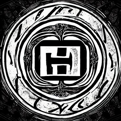 Image similar to the letter phi, logo, deathmetal font, black and white