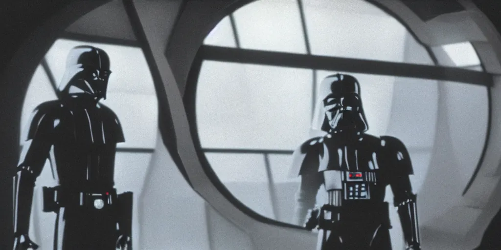 Image similar to a still from a film of a dark figure standing in front of a large window with a live action STAR WARS space battle, 35mm, directed by George Lucas, miniatures, ILM