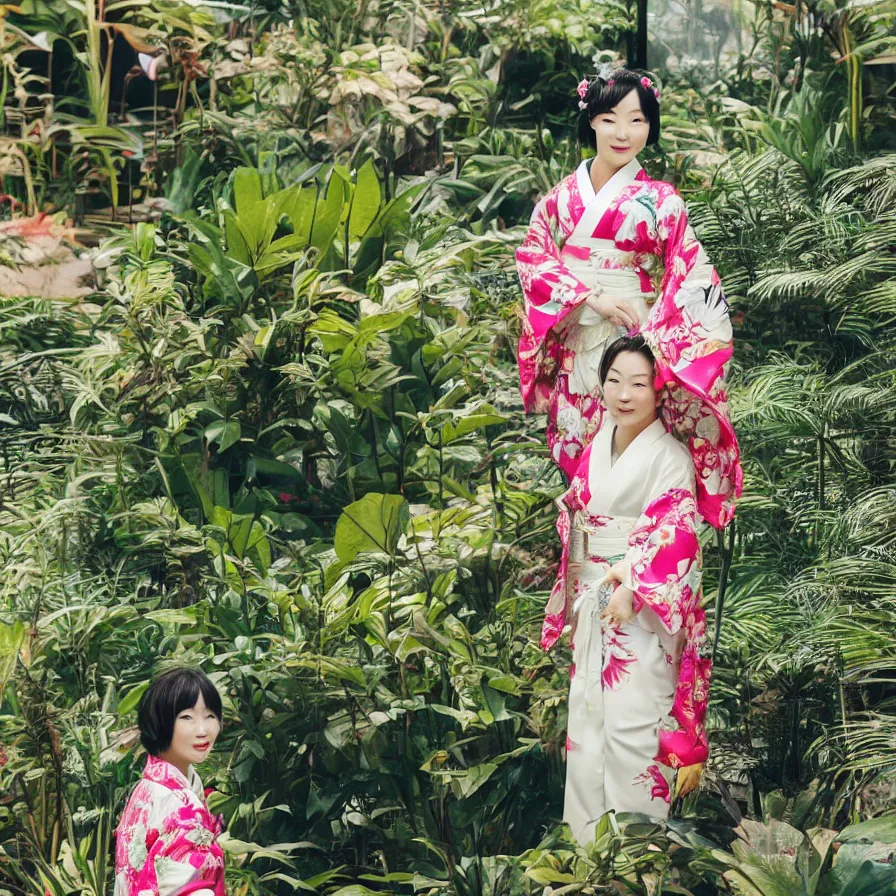 Prompt: photograph of a beautiful Japanese woman wearing a pretty kimono in a tropical greenhouse, by Annie Leibowiz, extremely detailed, large format camera, Fuji Provia, bokeh, photorealistic, trending on artstation, trending on instagram