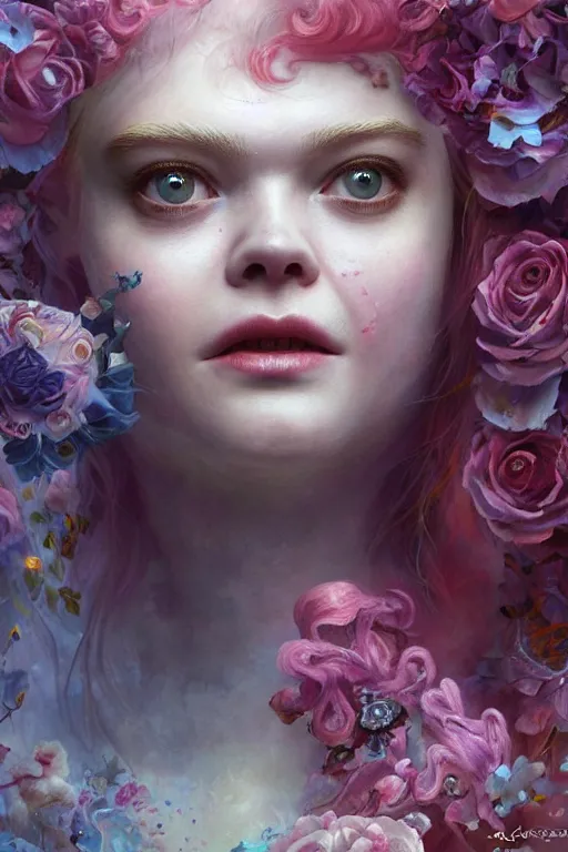 Image similar to closeup portrait shot of elle fanning as delirium of the endless, the sandman, the fairy queen, floral growth, thick fancy makeup, highly detailed, digital painting, artstation, concept art, soft focus, depth of field, artgerm, tomasz alen kopera, peter mohrbacher, donato giancola, wlop, boris vallejo